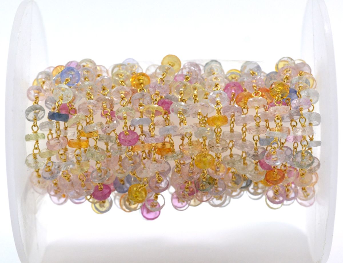 18K Solid Yellow Gold, Gorgeous Handmade Wire Wrapped with AAA Quality Coin Faceted Natural Multi Sapphire Beads. Shape 4 MM Rosary Chain. Sold By 1 Inch, SGGRC-003