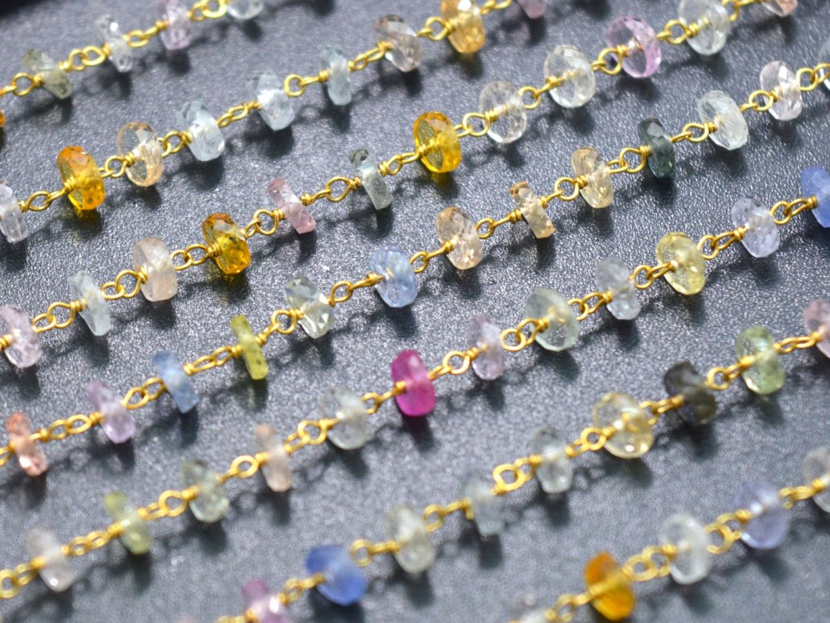8K Solid Yellow Gold, Gorgeous Handmade Wire Wrapped with AAA Quality Coin Faceted Natural Multi Sapphire Beads. Shape 4 MM Rosary Chain.