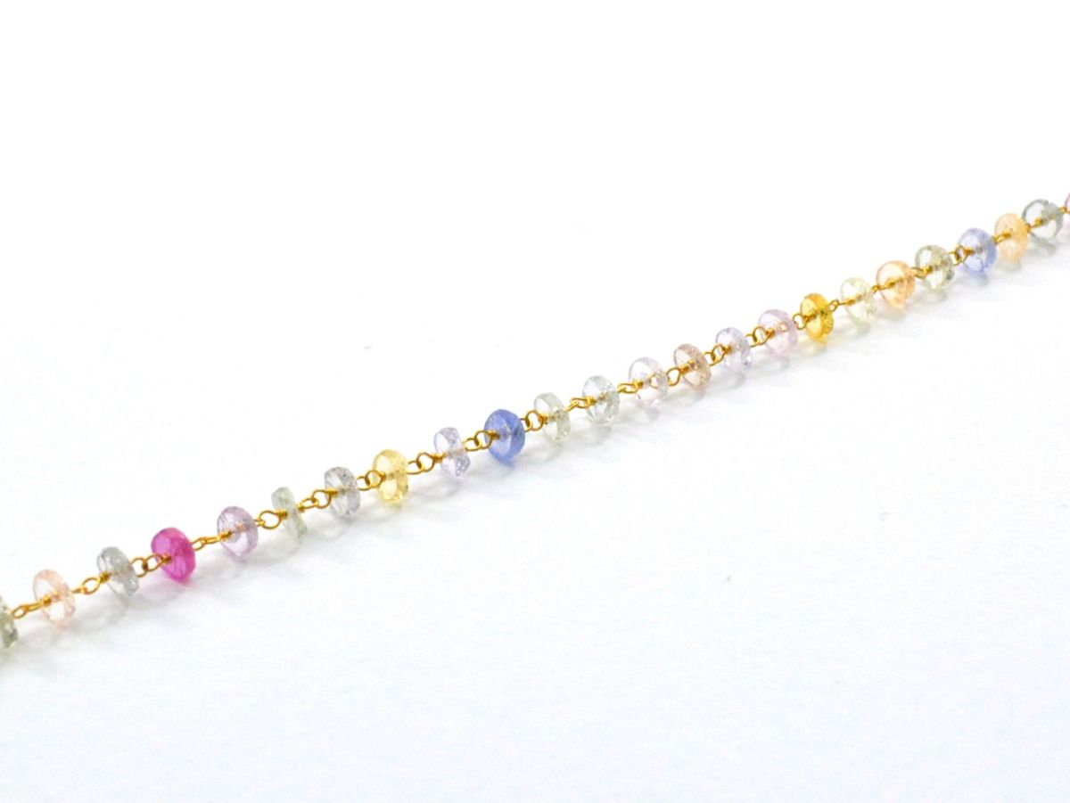 18K Solid Yellow Gold, Gorgeous Handmade Wire Wrapped with AAA Quality Coin Faceted Natural Multi Sapphire Beads. Shape 4 MM Rosary Chain. Sold By 1 Inch, SGGRC-003