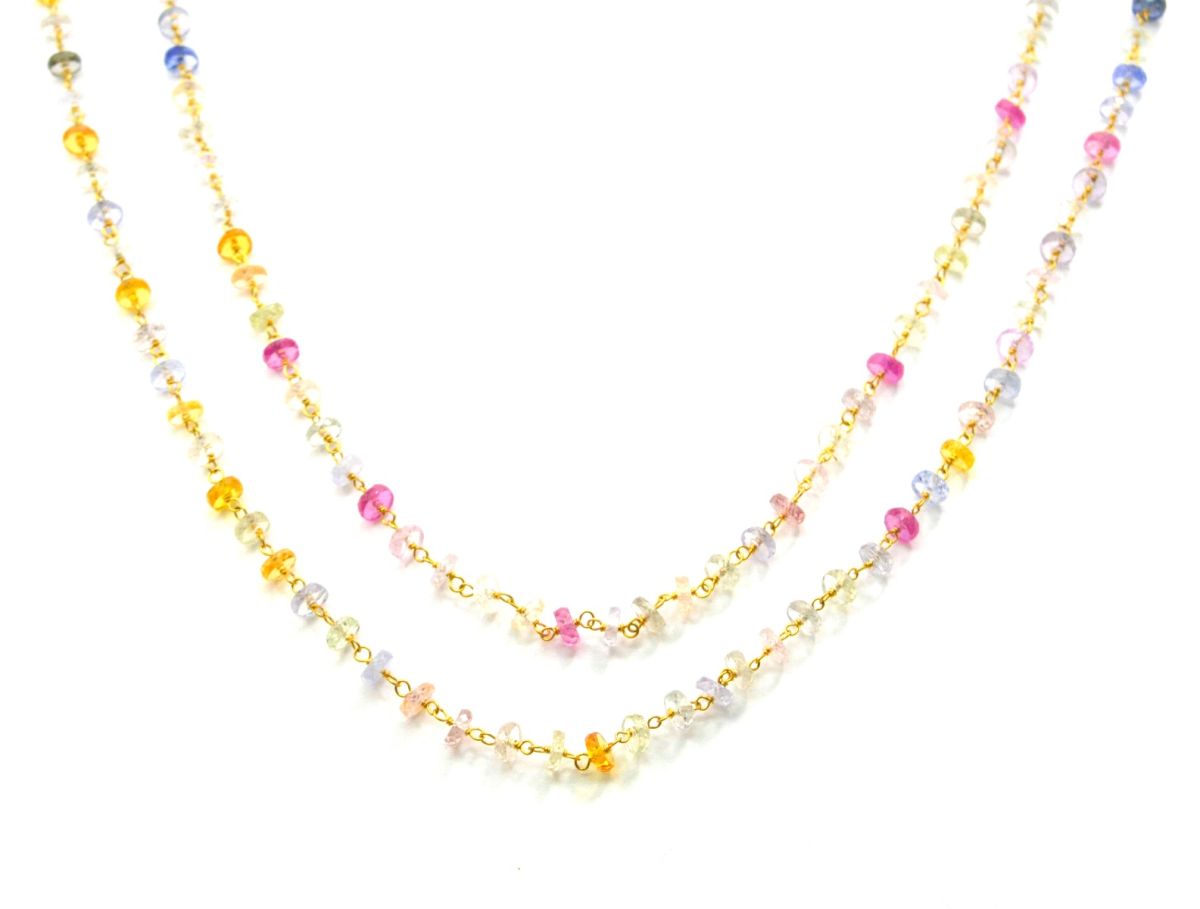 18K Solid Yellow Gold, Gorgeous Handmade Wire Wrapped with AAA Quality Coin Faceted Natural Multi Sapphire Beads. Shape 4 MM Rosary Chain. Sold By 1 Inch, SGGRC-003