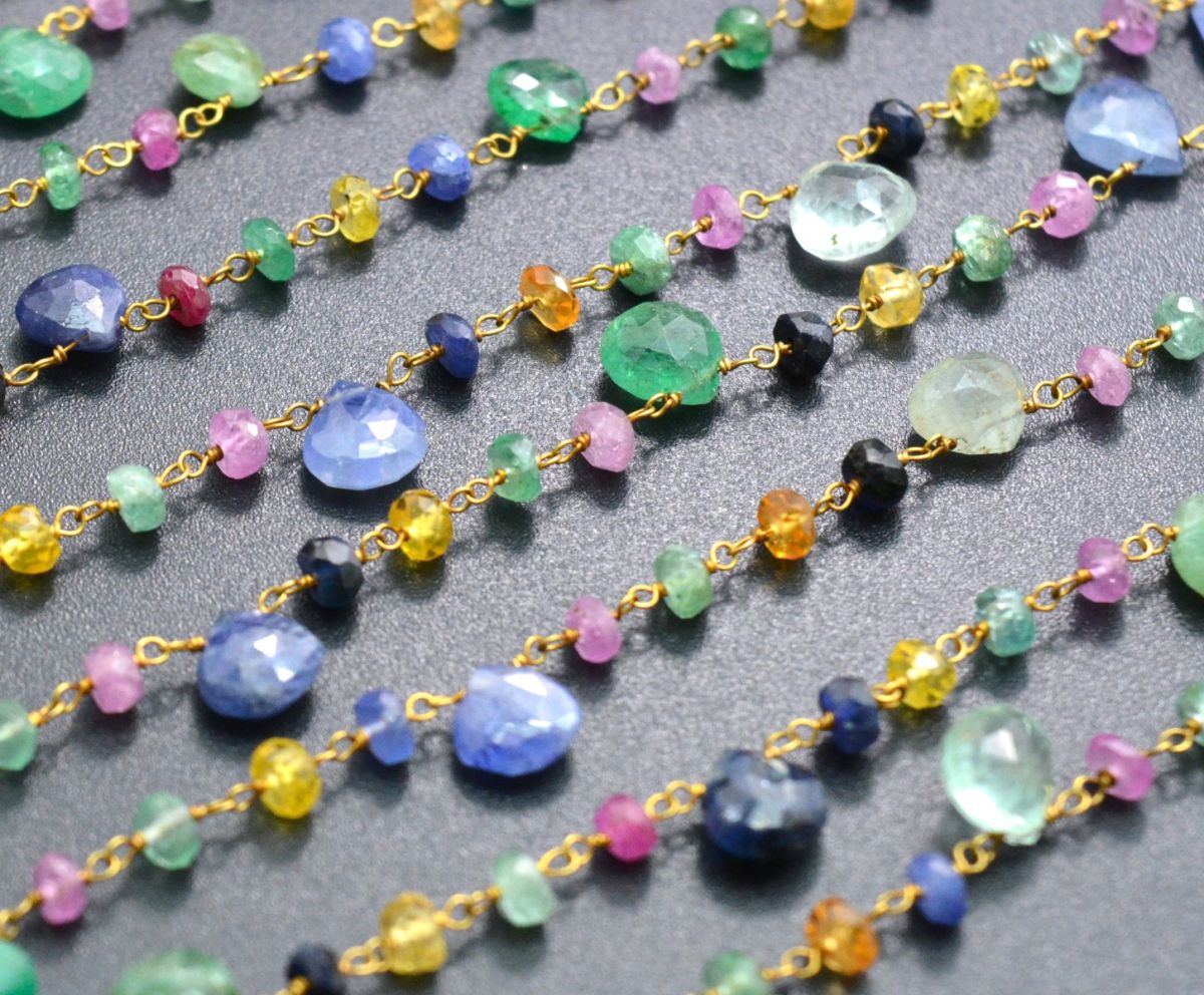 Handmade 14k Solid Gold Rosary Chain in Heart and Roundelle Shape - Multi Sapphire , 6mm - SGGRC-004, Sold By 1 Inch.