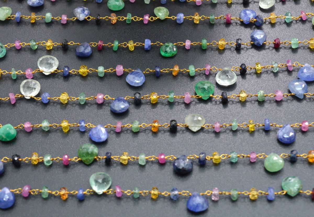 Handmade 14k Solid Gold Rosary Chain in Heart and Roundelle Shape - Multi Sapphire , 6mm - SGGRC-004, Sold By 1 Inch.