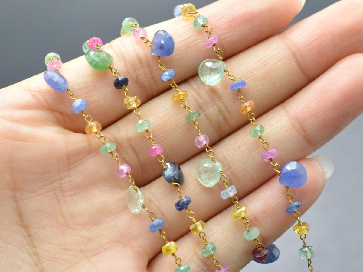 Handmade 14k Solid Gold Rosary Chain in Heart and Roundelle Shape - Multi Sapphire , 6mm - SGGRC-004, Sold By 1 Inch.