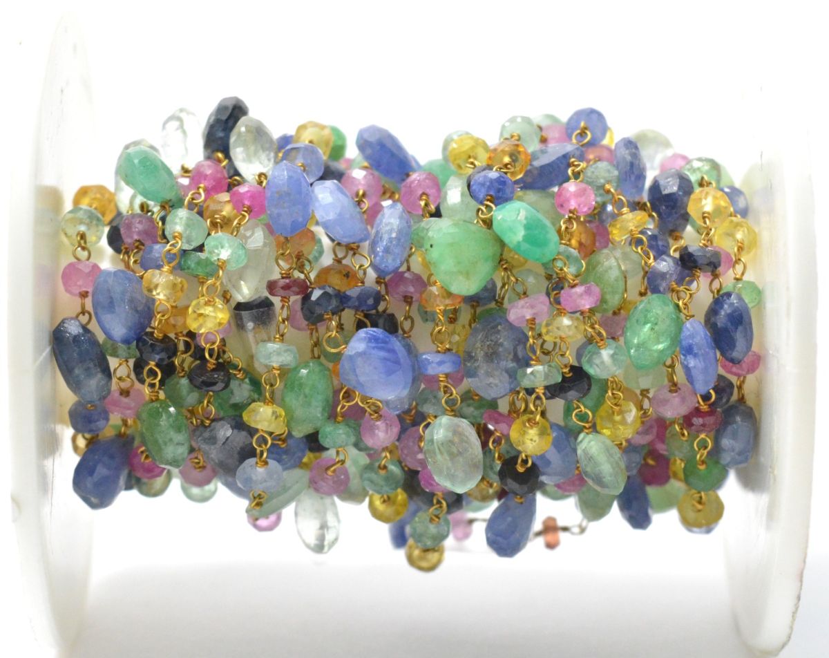 Handmade 14k Solid Gold Rosary Chain in Heart and Roundelle Shape - Multi Sapphire , 6mm - SGGRC-004, Sold By 1 Inch.