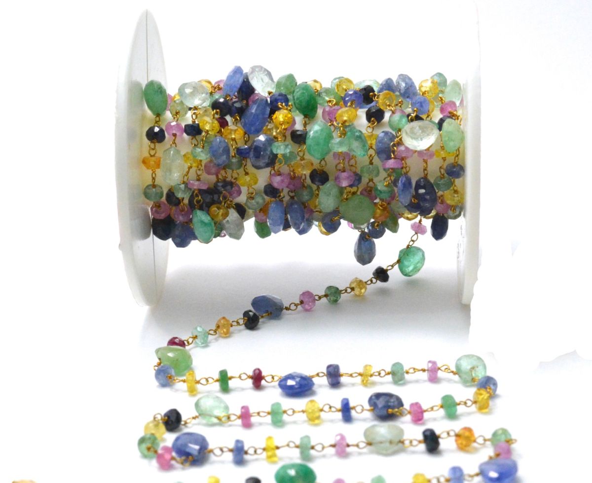 Handmade 14k Solid Gold Rosary Chain in Heart and Roundelle Shape - Multi Sapphire , 6mm - SGGRC-004, Sold By 1 Inch.