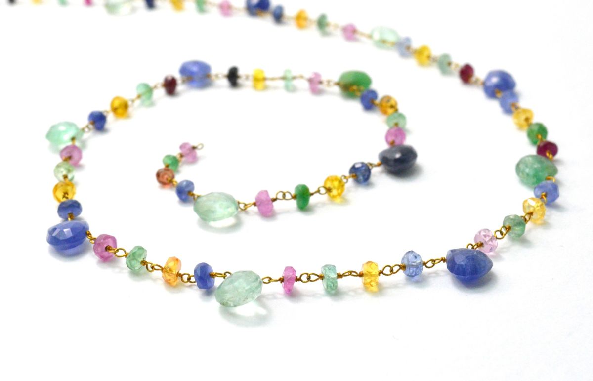 Handmade 14k Solid Gold Rosary Chain in Heart and Roundelle Shape - Multi Sapphire , 6mm - SGGRC-004, Sold By 1 Inch.