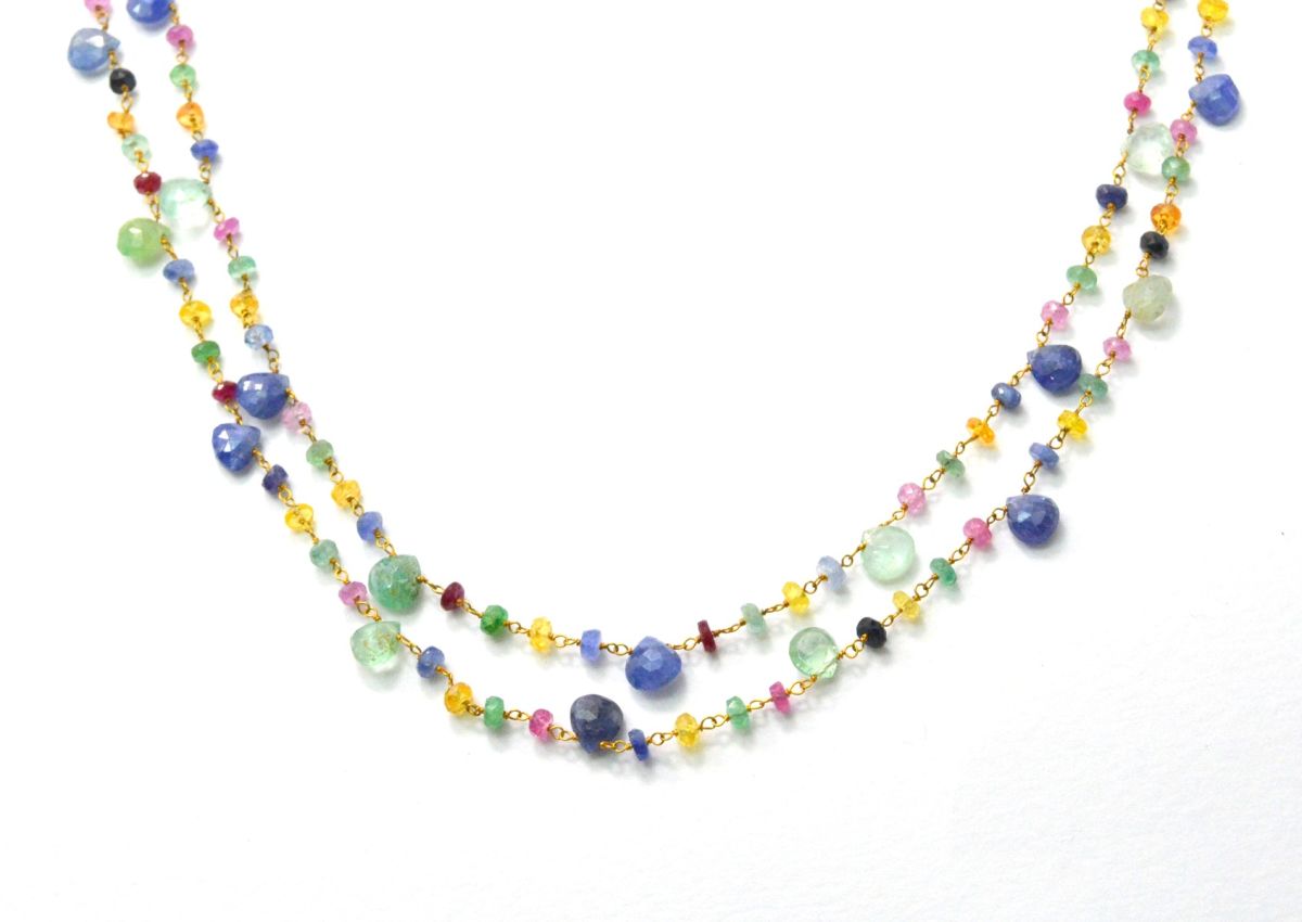 Handmade 14k Solid Gold Rosary Chain in Heart and Roundelle Shape - Multi Sapphire , 6mm - SGGRC-004, Sold By 1 Inch.