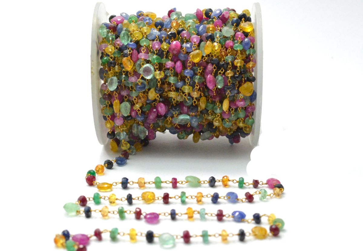 Stunning 14k  Solid Gold Rosary Chain With Multi Sapphire Stone - 5mm Size - SGGRC-005, Sold By 1 Inch.