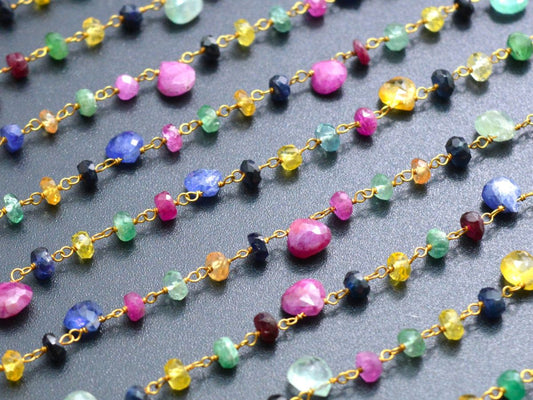 Stunning 14k  Solid Gold Rosary Chain With Multi Sapphire Stone - 5mm Size - SGGRC-005, Sold By 1 Inch. - view 3