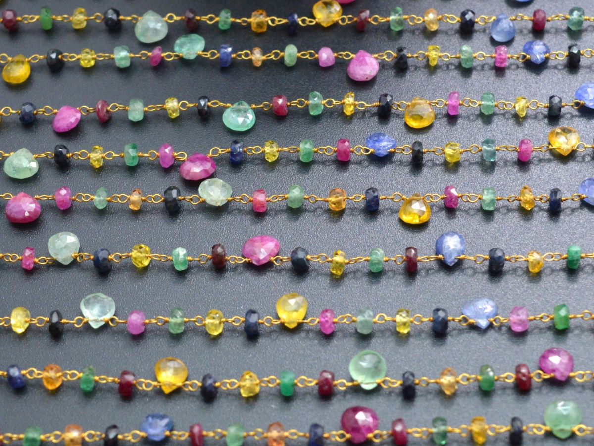 Stunning 14k  Solid Gold Rosary Chain With Multi Sapphire Stone - 5mm Size - SGGRC-005, Sold By 1 Inch.