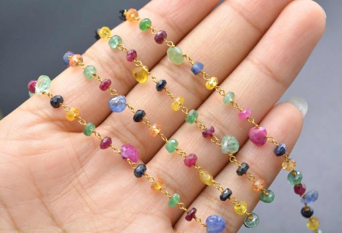 Stunning 14k  Solid Gold Rosary Chain With Multi Sapphire Stone - 5mm Size - SGGRC-005, Sold By 1 Inch.