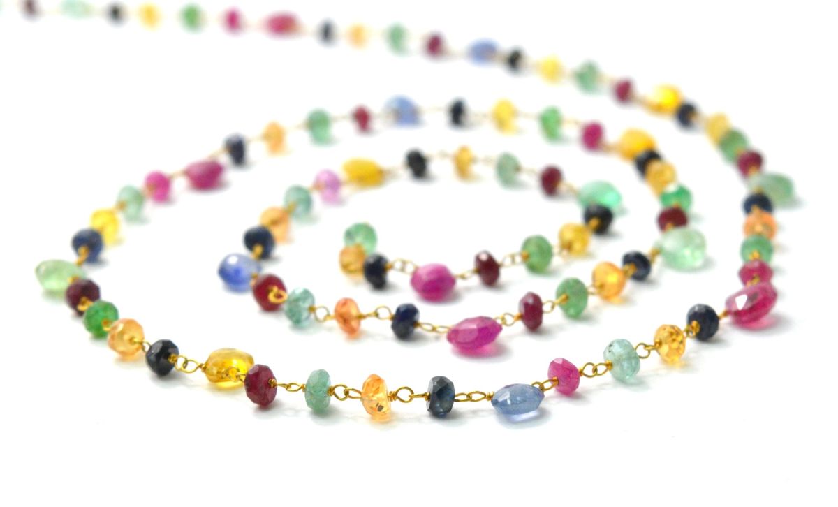 Stunning 14k  Solid Gold Rosary Chain With Multi Sapphire Stone - 5mm Size - SGGRC-005, Sold By 1 Inch.