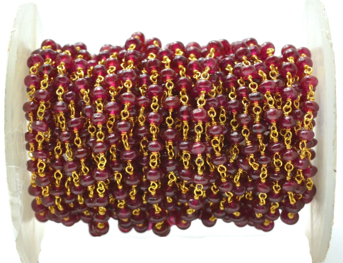 18k Solid Gold Rosary Chain With Natural Ruby Stone, 3.50mm Sold By 1 Inch