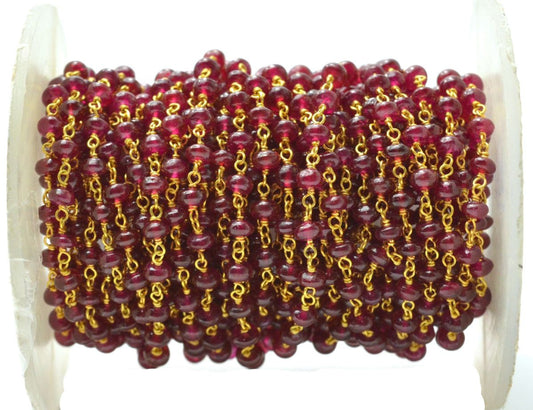 18k Solid Gold Rosary Chain With Natural Ruby Stone, 3.50mm Sold By 1 Inch