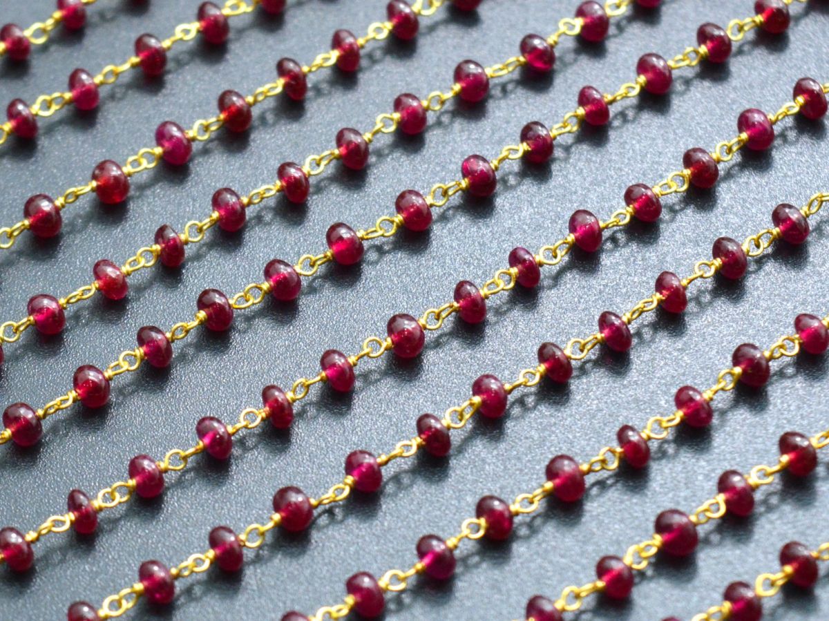 18k Solid Gold Rosary Chain With Natural Ruby Stone, 3.50mm Sold By 1 Inch