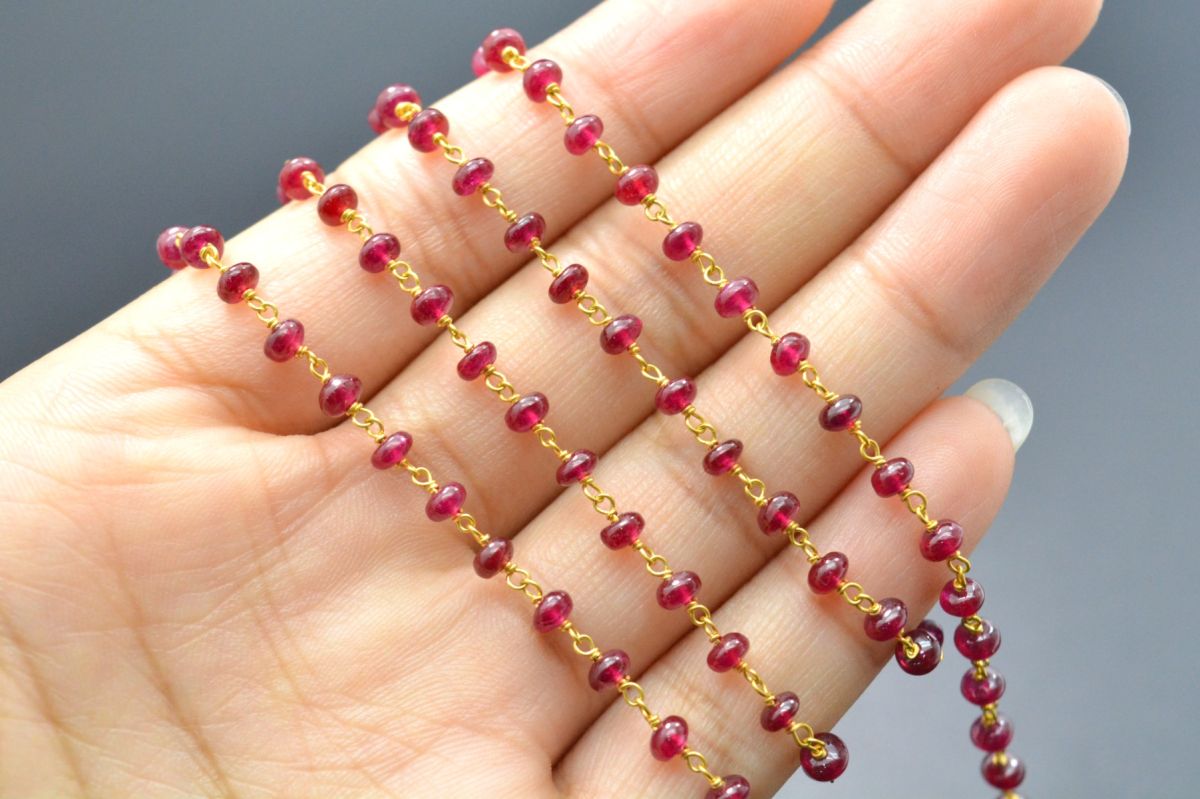18k Solid Gold Rosary Chain With Natural Ruby Stone, 3.50mm Sold By 1 Inch