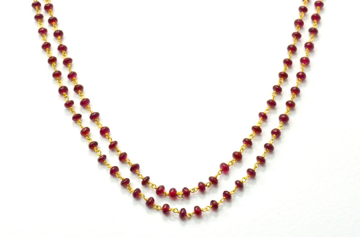 18k Solid Gold Rosary Chain With Natural Ruby Stone, 3.50mm Sold By 1 Inch