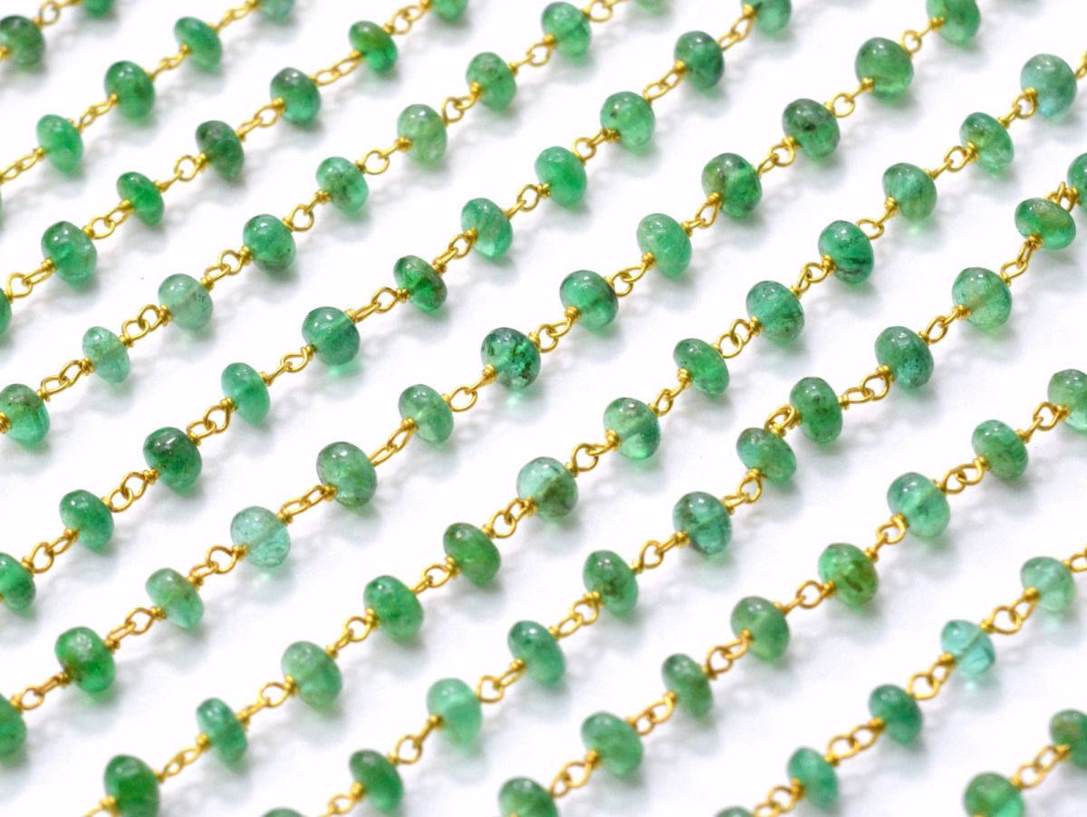 18k Solid yellow Gold Rosary Chain Studded With Natural Emerald Stone - 3-3.50mm  Sold By 1 Inch (Copy)