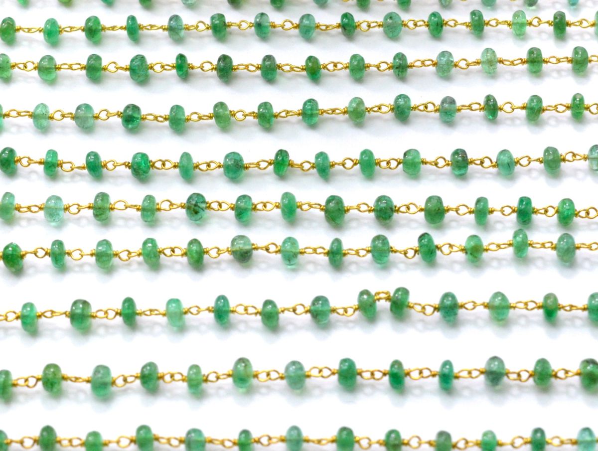 18k Solid yellow Gold Rosary Chain Studded With Natural Emerald Stone - 3-3.50mm  Sold By 1 Inch (Copy)