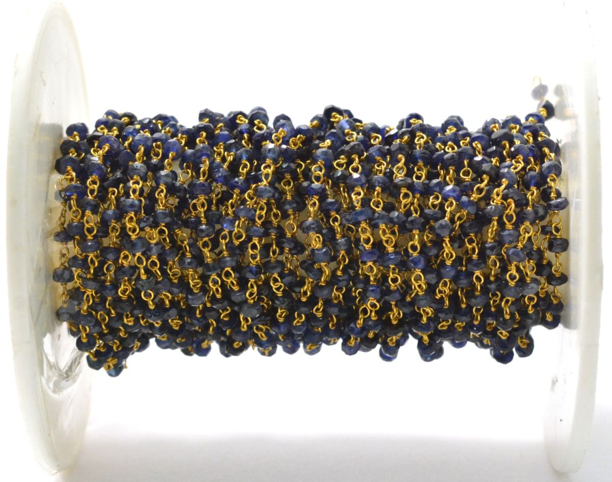 Elegant 14k  Solid Gold Rosary Chain With Natural Sapphire Stone - 2-2.50mm Size  - SGGRC-012A, Sold By 1 Inch.