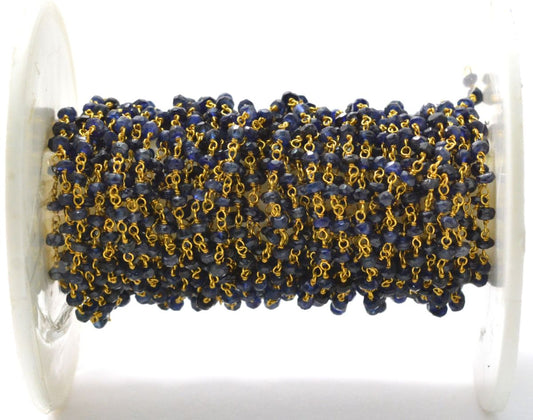 Elegant 14k  Solid Gold Rosary Chain With Natural Sapphire Stone - 2-2.50mm Size  - SGGRC-012A, Sold By 1 Inch.