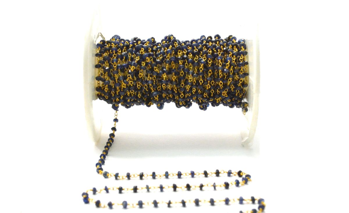 Elegant 14k  Solid Gold Rosary Chain With Natural Sapphire Stone - 2-2.50mm Size  - SGGRC-012A, Sold By 1 Inch.