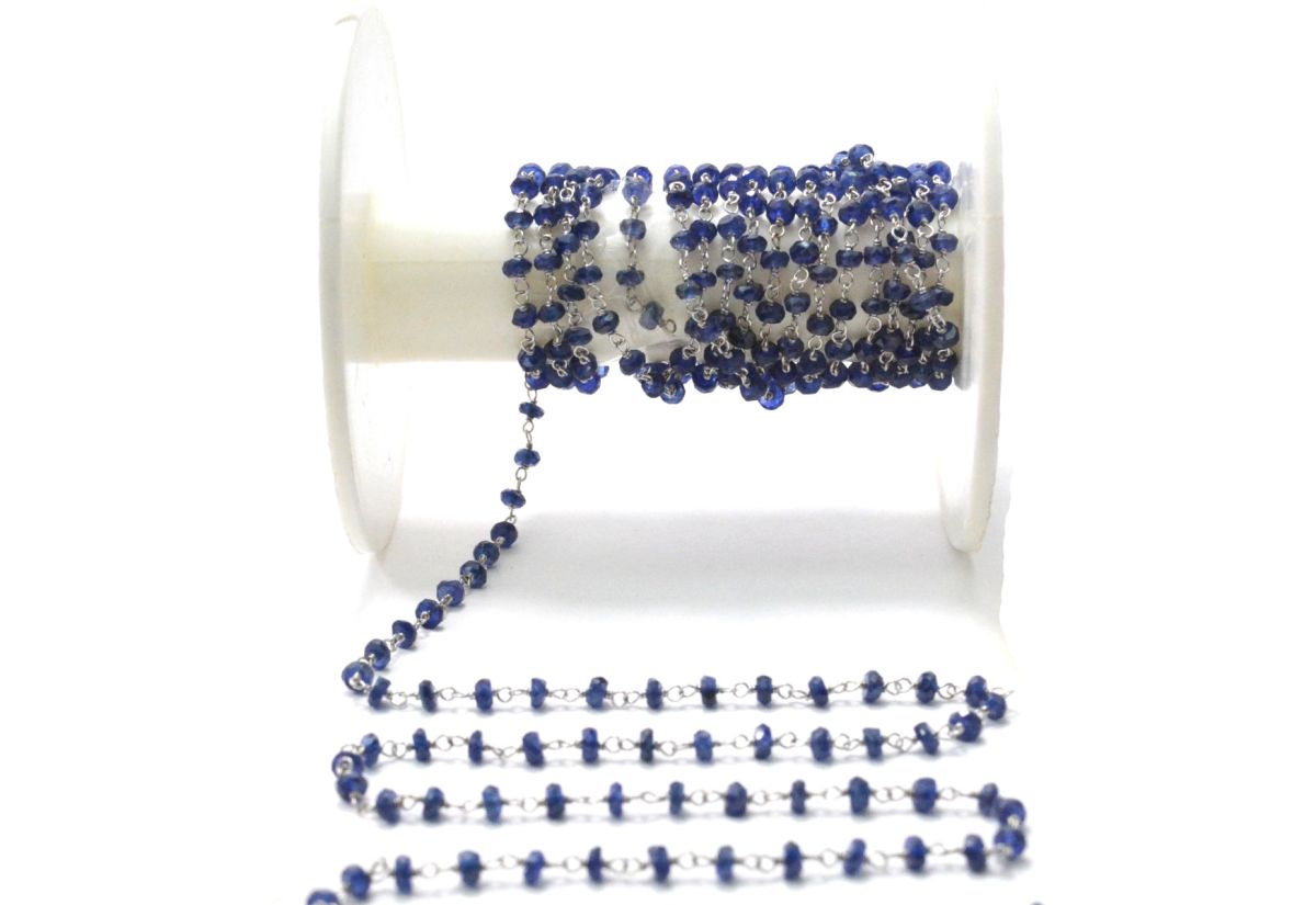 Handmade 14k Solid White Gold Rosary Chain Studded With Natural Sapphire in 2.2.50mm Size - SGGRC-012B, Sold By 1 Inch.