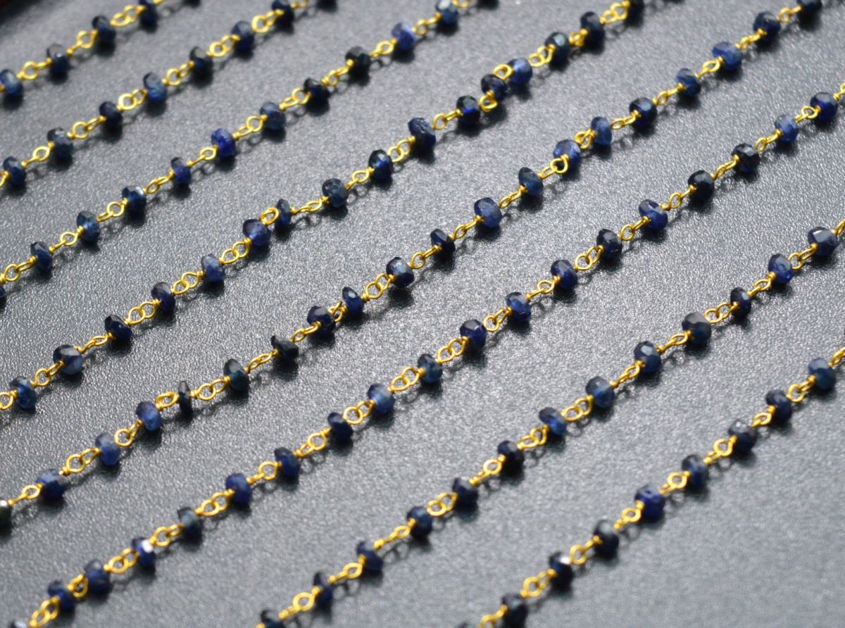 Elegant 14k  Solid Gold Rosary Chain With Natural Sapphire Stone - 2-2.50mm Size  - SGGRC-012A, Sold By 1 Inch.