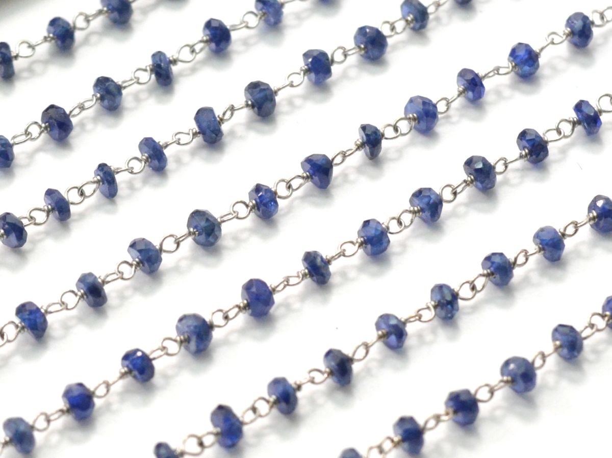Handmade 14k Solid White Gold Rosary Chain Studded With Natural Sapphire in 2.2.50mm Size - SGGRC-012B, Sold By 1 Inch.