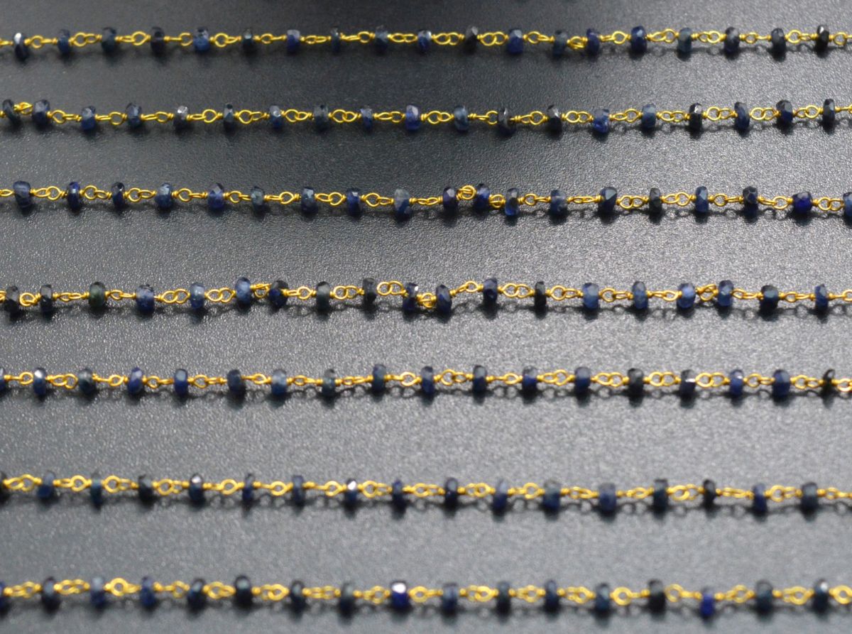 Elegant 14k  Solid Gold Rosary Chain With Natural Sapphire Stone - 2-2.50mm Size  - SGGRC-012A, Sold By 1 Inch.