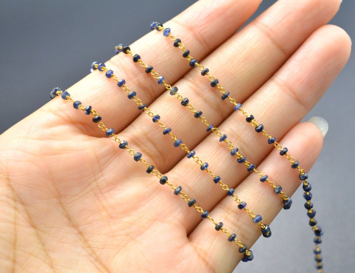 Elegant 14k  Solid Gold Rosary Chain With Natural Sapphire Stone - 2-2.50mm Size  - SGGRC-012A, Sold By 1 Inch.