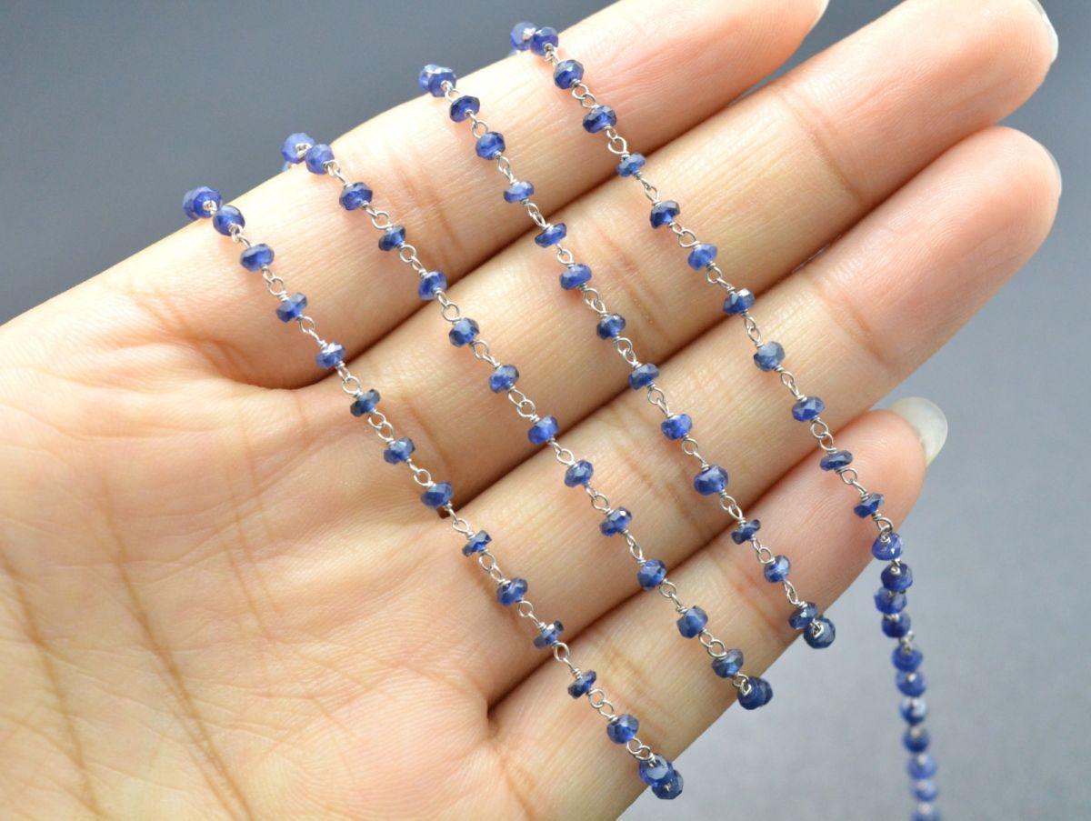 Handmade 14k Solid White Gold Rosary Chain Studded With Natural Sapphire in 2.2.50mm Size - SGGRC-012B, Sold By 1 Inch.