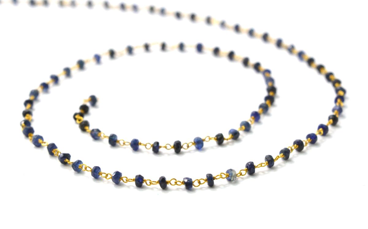 Elegant 14k  Solid Gold Rosary Chain With Natural Sapphire Stone - 2-2.50mm Size  - SGGRC-012A, Sold By 1 Inch.