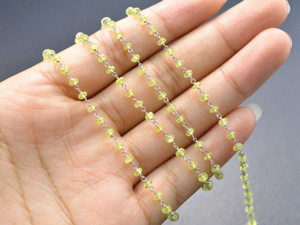 Handmade 14k Solid White Gold Rosary Chain With Natural Chrysoberyl , 2.50mm Size - SGGRC-015A, Sold By 1 Inch.