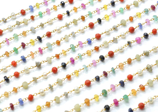 Impressive 14k Solid Gold Rosary Chain With AAA Quality With Mix  Shape,3-3.5 mm Size  - SGGRC-017, Sold By 1 Inch.