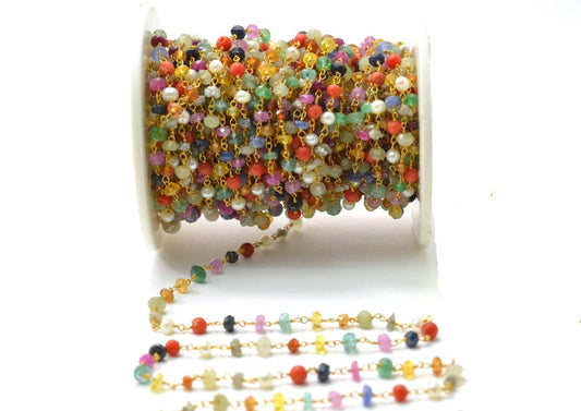 Impressive 14k Solid Gold Rosary Chain With AAA Quality With Mix  Shape,3-3.5 mm Size  - SGGRC-017, Sold By 1 Inch. - view 3