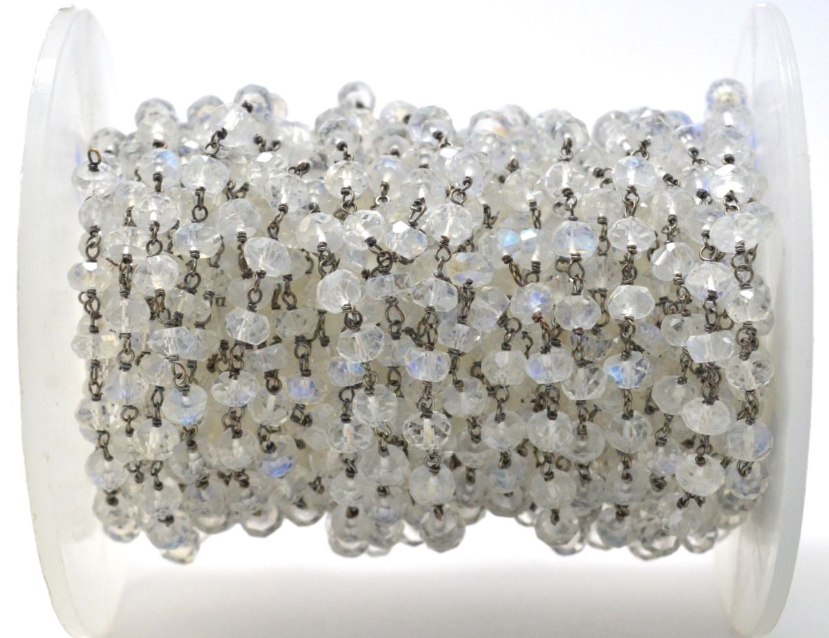 Stunning 14k  Solid Gold Rosary Chain - Natural Rainbow Moon Stone- 3.50 mm Size - GRC-024B, Sold By 1 Inch.