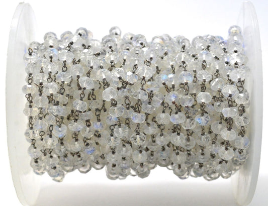 Stunning 14k  Solid Gold Rosary Chain - Natural Rainbow Moon Stone- 3.50 mm Size - GRC-024B, Sold By 1 Inch.