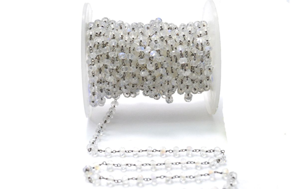 Stunning 14k  Solid Gold Rosary Chain - Natural Rainbow Moon Stone- 3.50 mm Size - GRC-024B, Sold By 1 Inch.