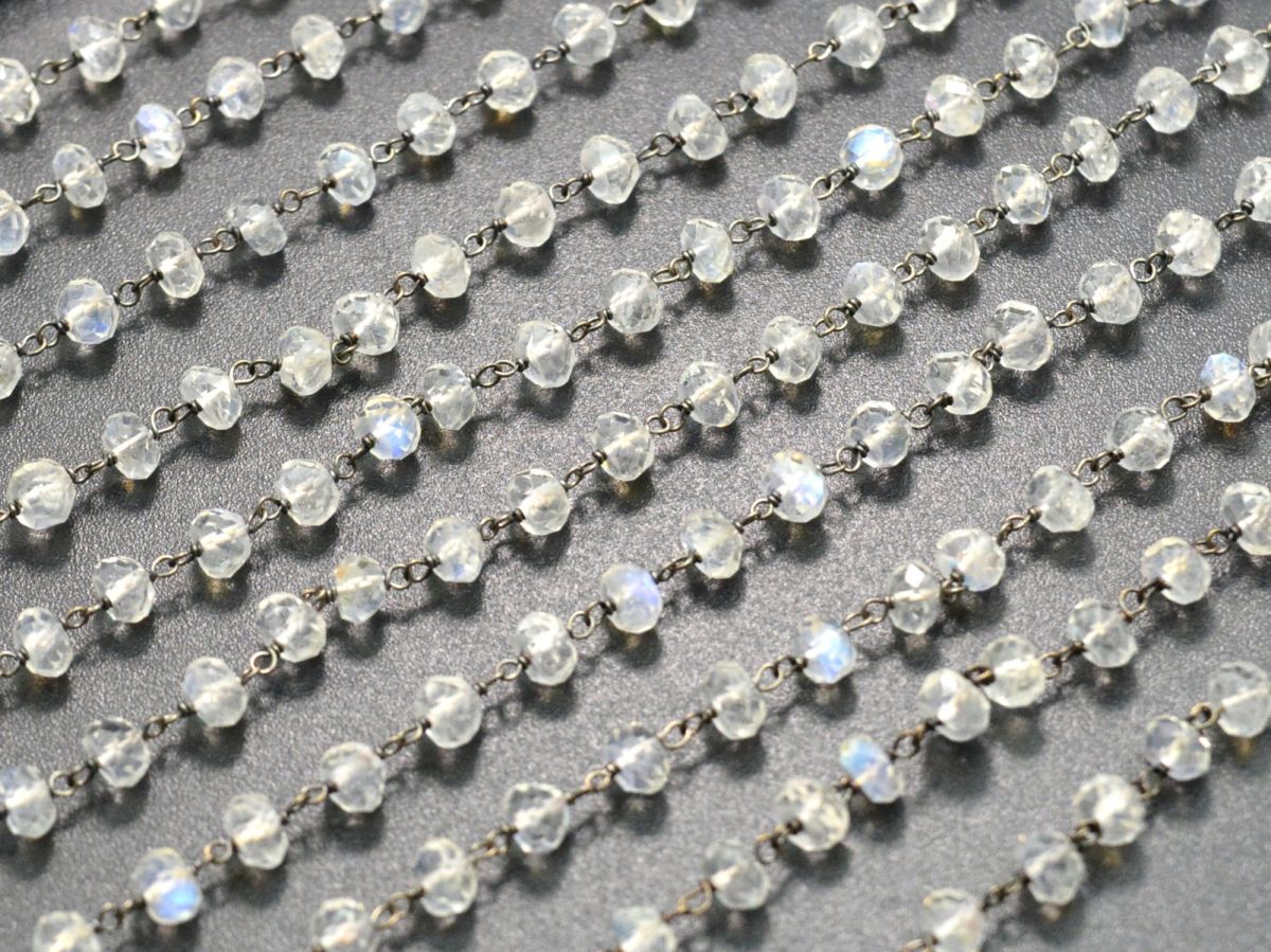 Stunning 14k  Solid Gold Rosary Chain - Natural Rainbow Moon Stone- 3.50 mm Size - GRC-024B, Sold By 1 Inch.