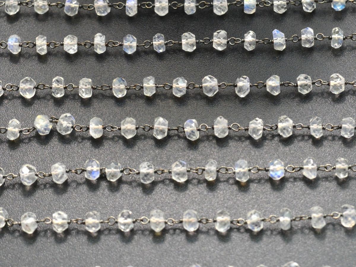 Stunning 14k  Solid Gold Rosary Chain - Natural Rainbow Moon Stone- 3.50 mm Size - GRC-024B, Sold By 1 Inch.