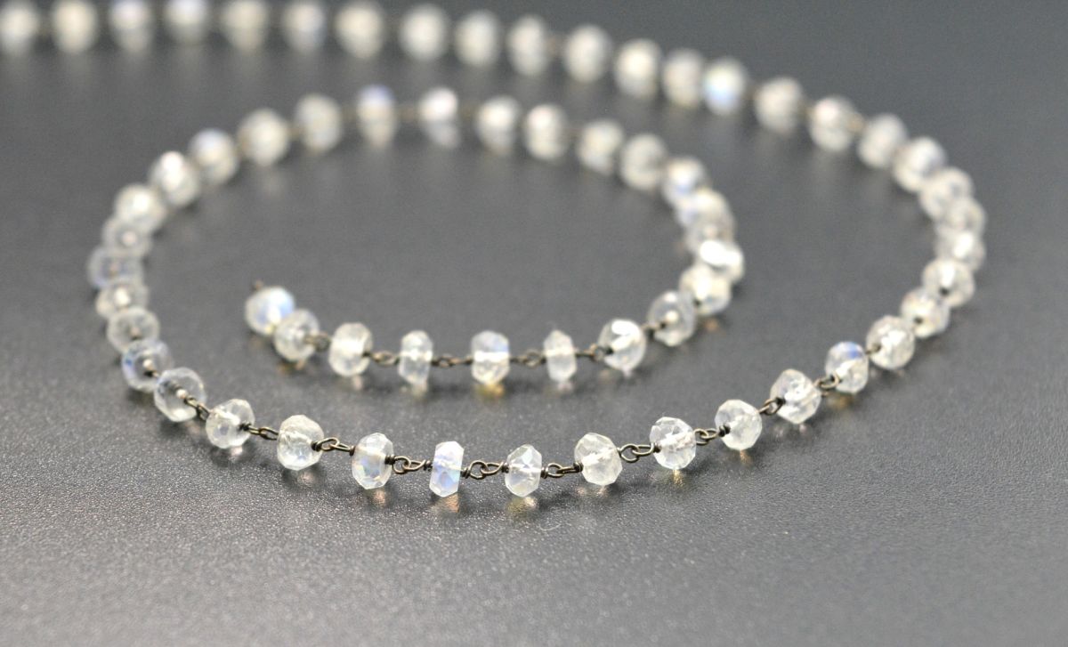 Stunning 14k  Solid Gold Rosary Chain - Natural Rainbow Moon Stone- 3.50 mm Size - GRC-024B, Sold By 1 Inch.