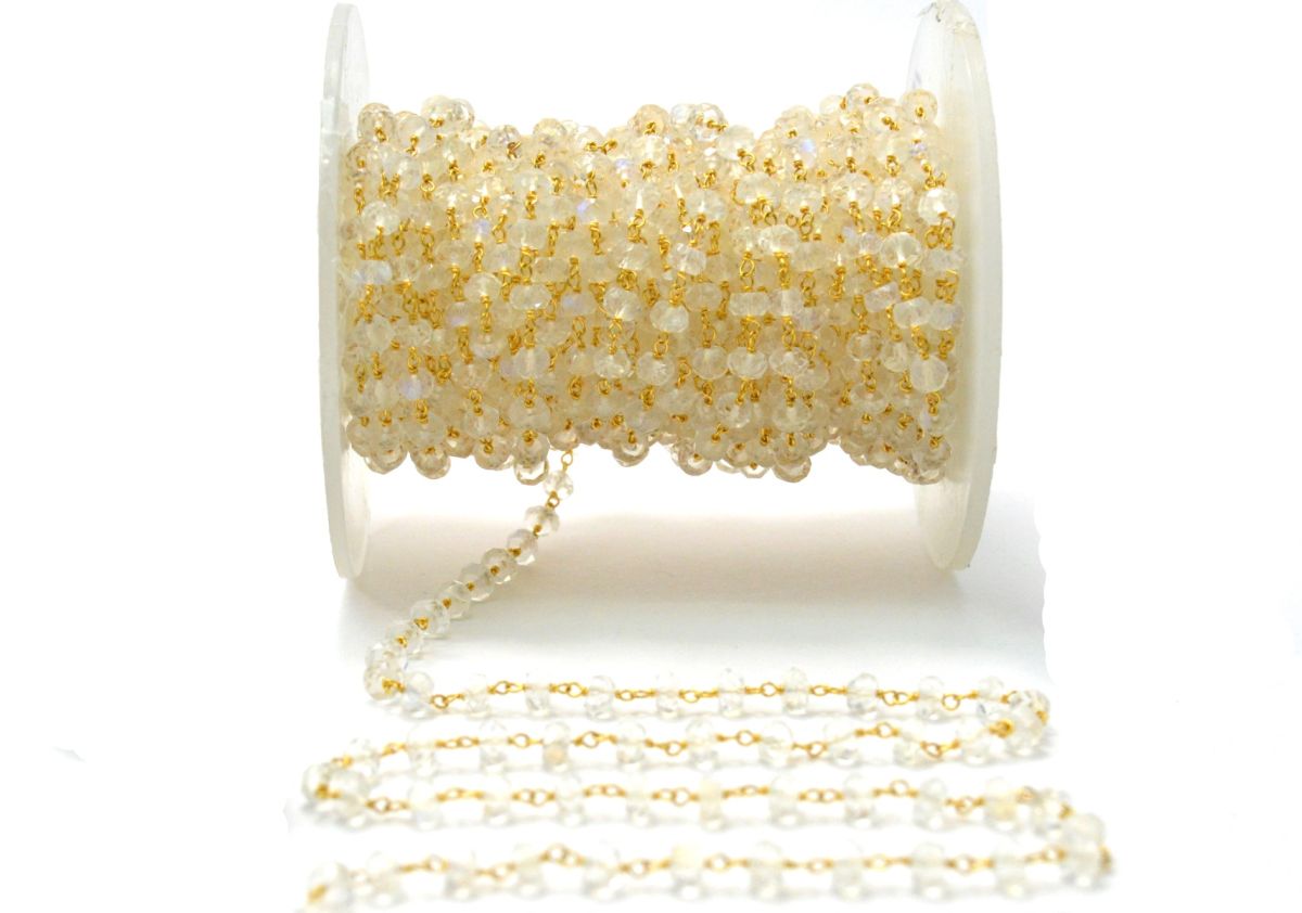 14k Solid Gold Rosary Chain With AA Quality With Rainbow Moonstone , 3.50 mm Size  - SGGRC-024A, Sold By 1 Inch.