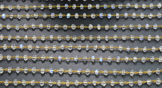 14k Solid Gold Rosary Chain With AA Quality With Rainbow Moonstone , 3.50 mm Size  - SGGRC-024A, Sold By 1 Inch. - view 3