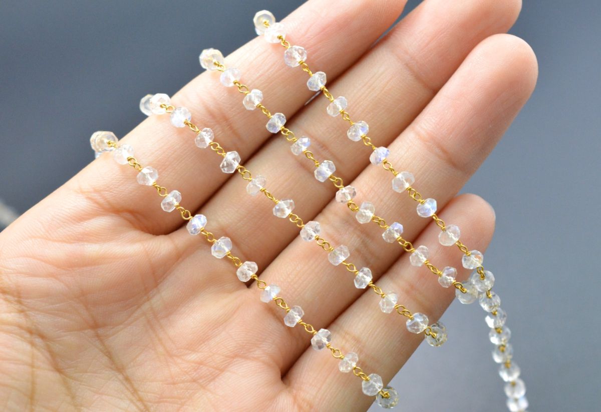 14k Solid Gold Rosary Chain With AA Quality With Rainbow Moonstone , 3.50 mm Size  - SGGRC-024A, Sold By 1 Inch.