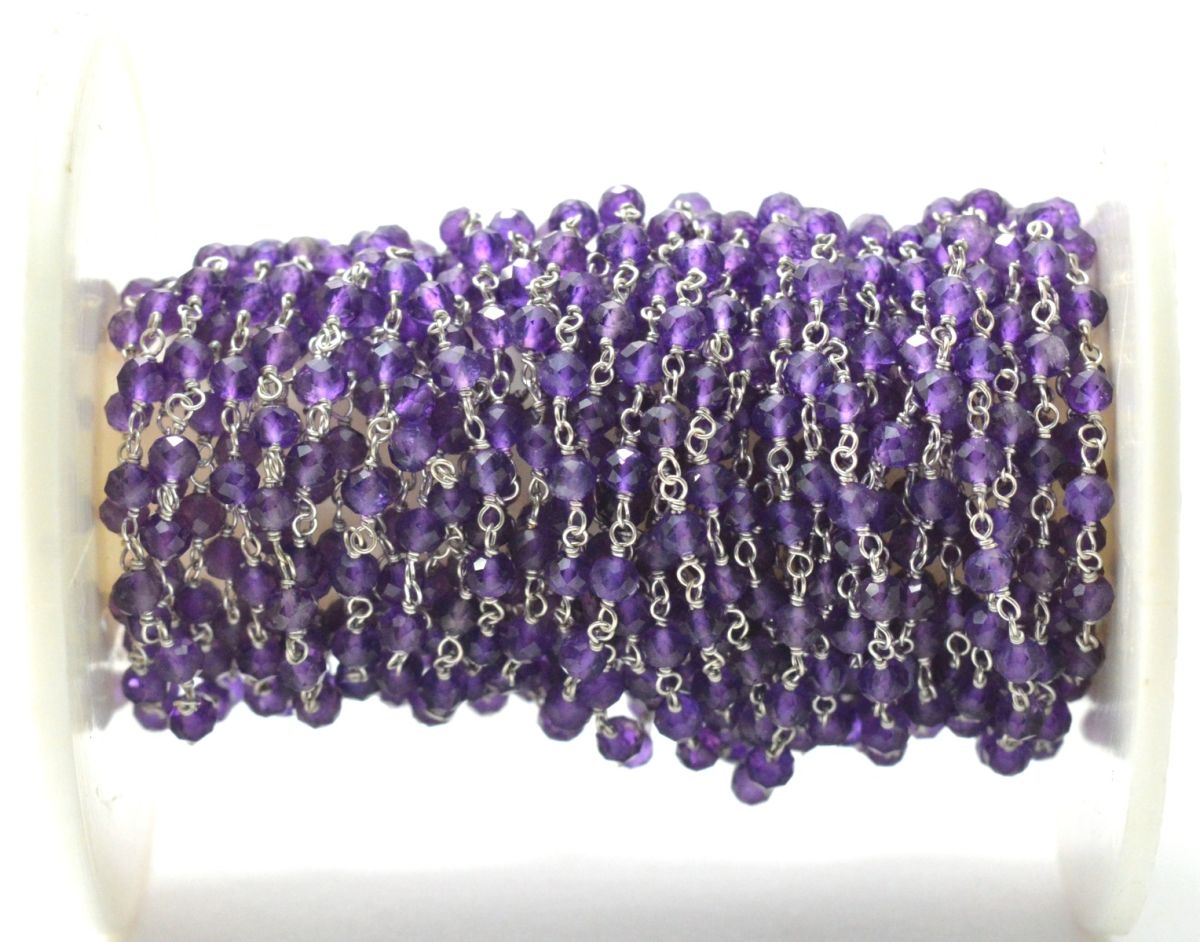 14k  Solid White Gold Rosary Chain With 3 mm Size -Natural Amethyst - SGGRC-015B, Sold By 1 Inch.