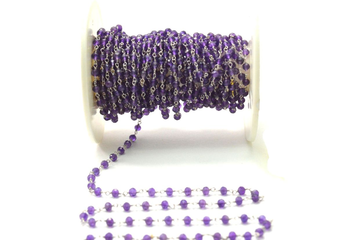 14k  Solid White Gold Rosary Chain With 3 mm Size -Natural Amethyst - SGGRC-015B, Sold By 1 Inch.