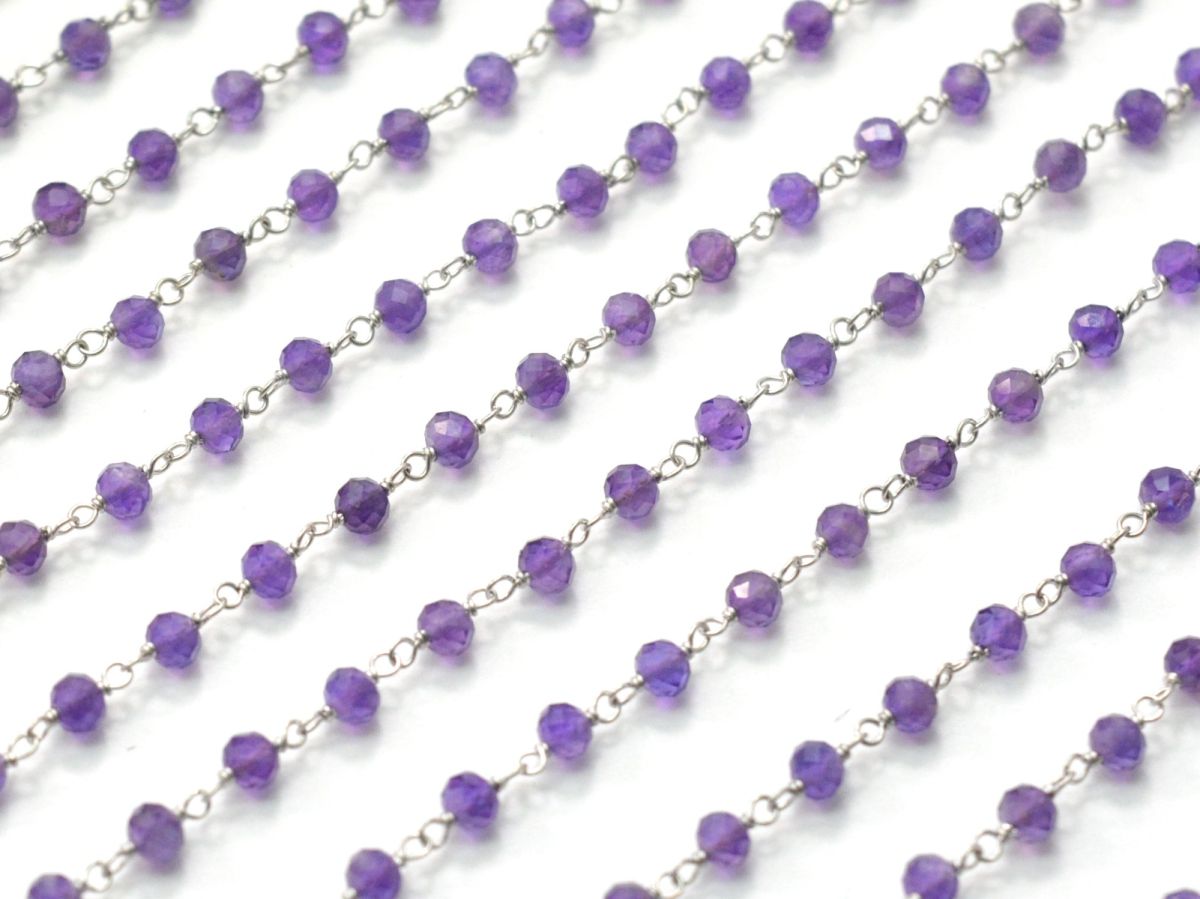 14k  Solid White Gold Rosary Chain With 3 mm Size -Natural Amethyst - SGGRC-015B, Sold By 1 Inch.