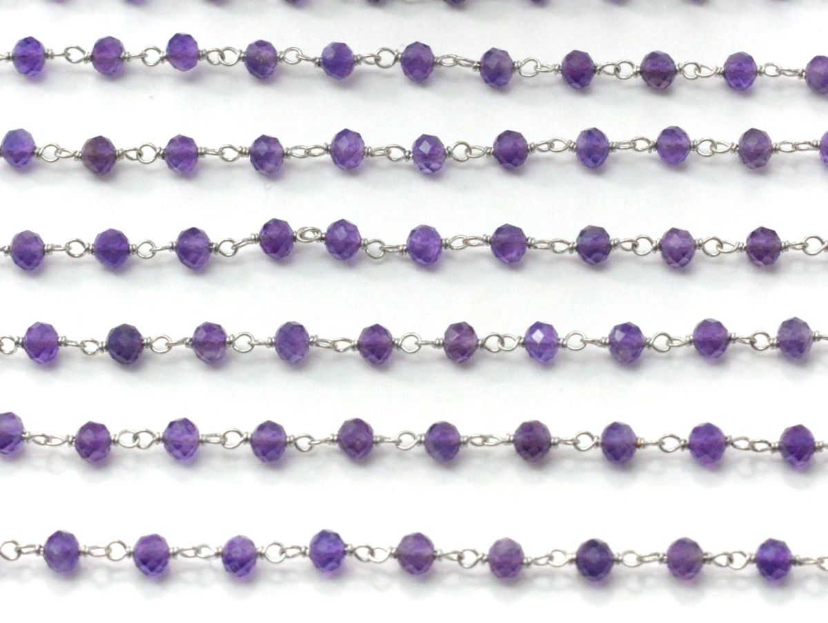 14k  Solid White Gold Rosary Chain With 3 mm Size -Natural Amethyst - SGGRC-015B, Sold By 1 Inch.