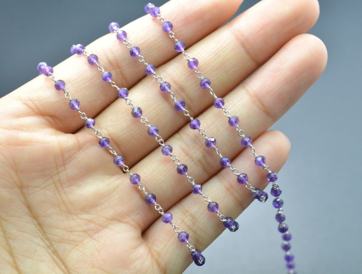 14k  Solid White Gold Rosary Chain With 3 mm Size -Natural Amethyst - SGGRC-015B, Sold By 1 Inch.